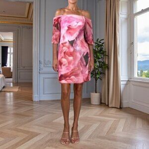 PHOEBE COUTURE WATERCOLOR FLORAL COLD SHOULDER DRESS